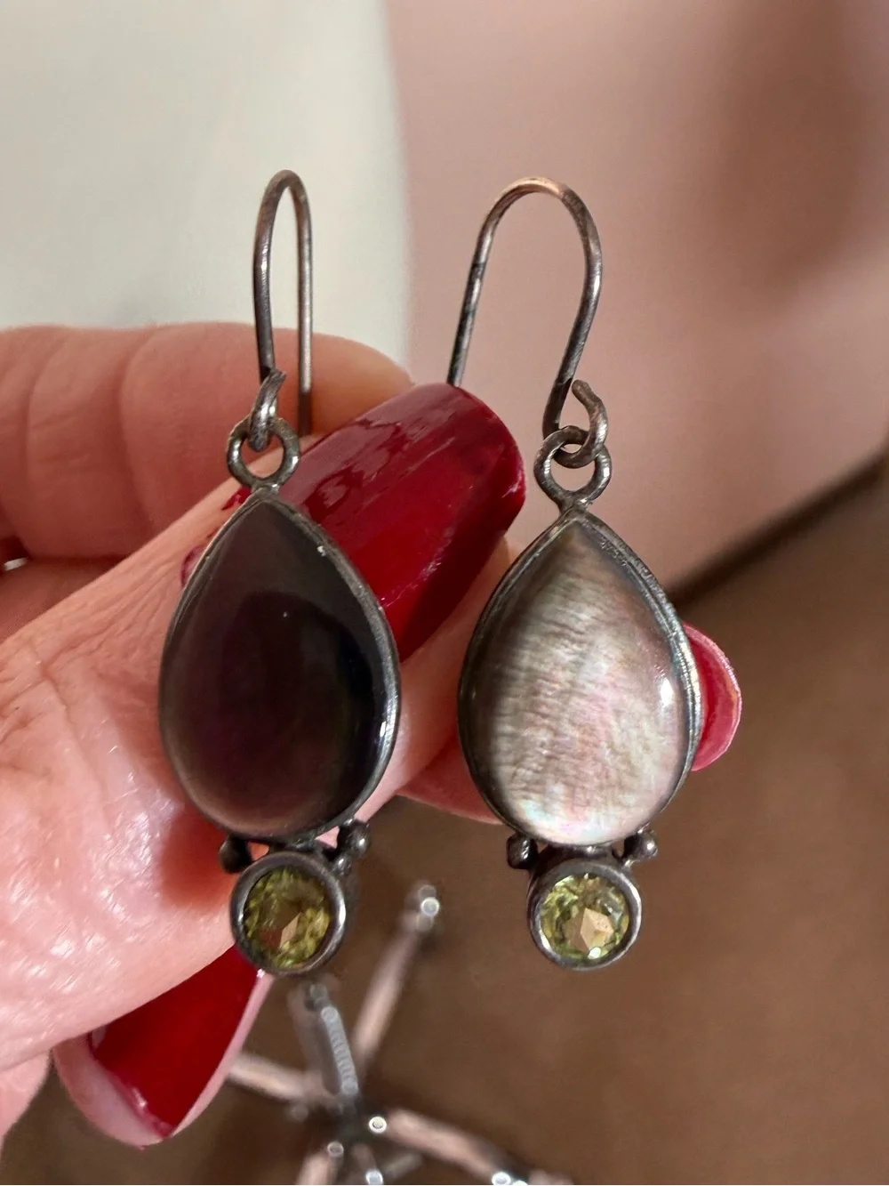 Sterling silver Abalone shell tear drop green Peridot Dangle Minimalist earrings
